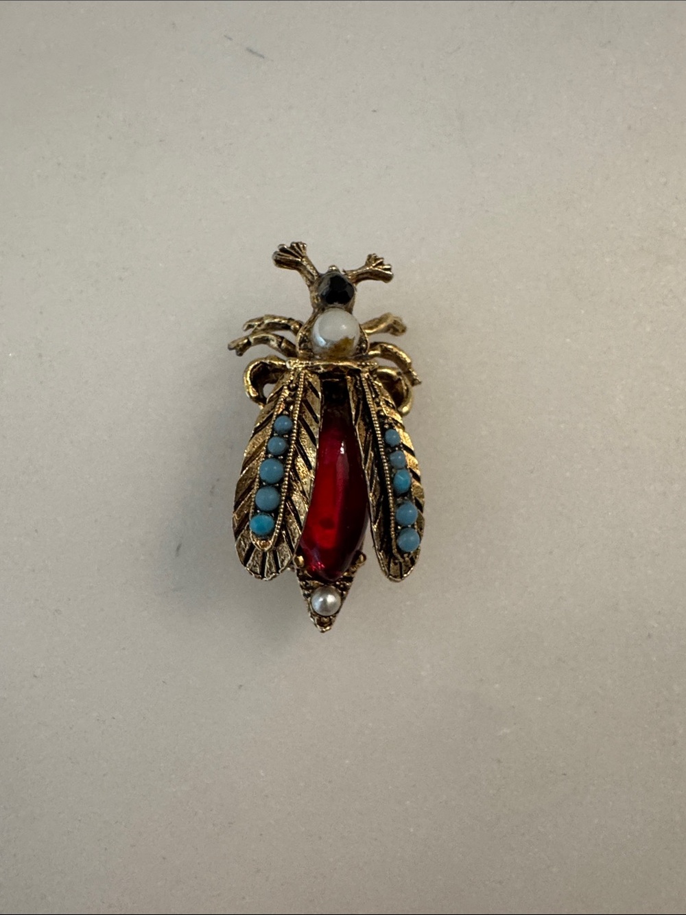 Arthur Pepper signed Gold-Tone Bee Brooch with Red and Turquoise Accents